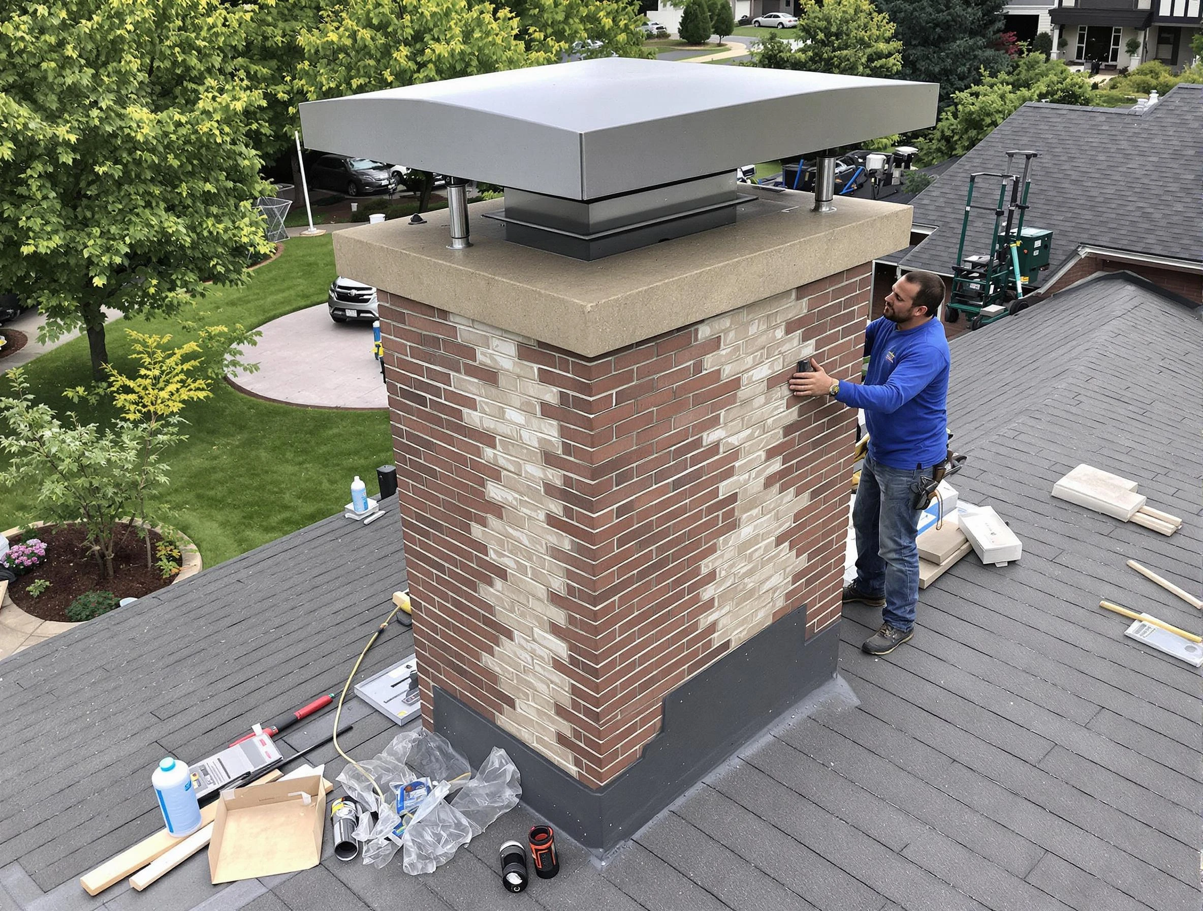 Pell City Chimney Sweep team working on a custom chimney remodel in Pell City, AL